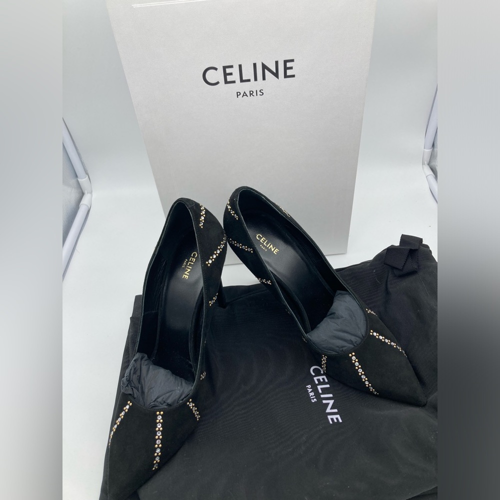 LIKE NEW CELINE SHARP SEUDE STUDDED CRYSTAL ACCENTS PUMPS HEELS 37 - Picture 2 of 8